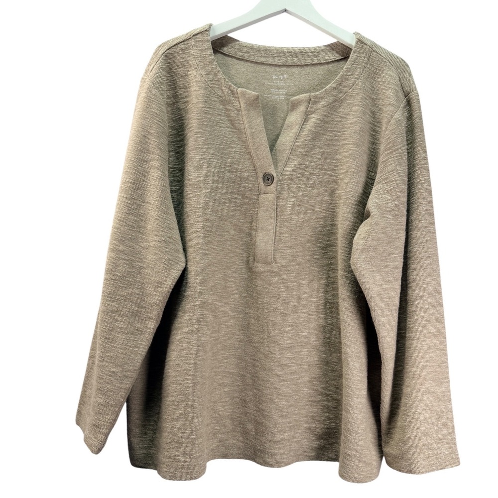 Pure Jill Textured Knit Top Women's 2X Khaki Organic Cotton Lagenlook Minimalist